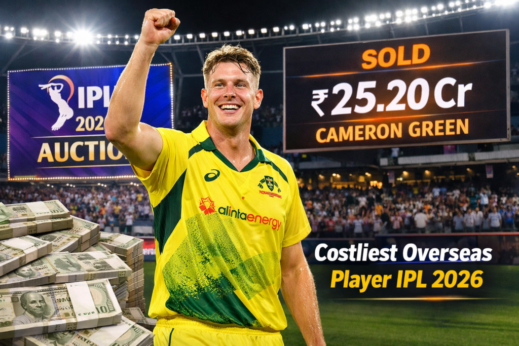 Cameron Green celebrating after becoming costliest overseas player at the IPL 2026 Auction