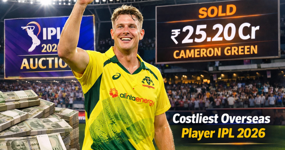 Cameron Green celebrating after becoming costliest overseas player at the IPL 2026 Auction