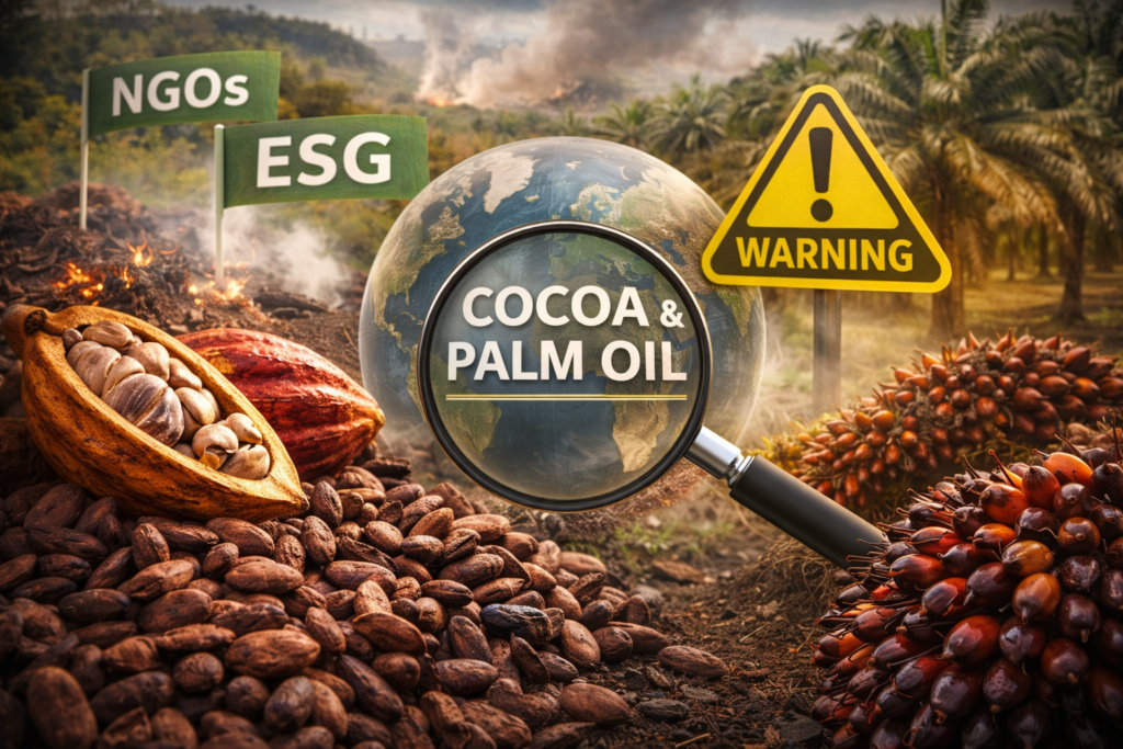 Cocoa beans and palm oil plantations highlighting supply chain scrutiny