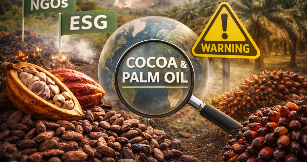 Cocoa beans and palm oil plantations highlighting supply chain scrutiny