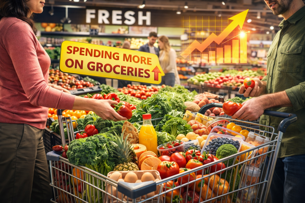 Shoppers selecting fresh groceries in a modern grocery store