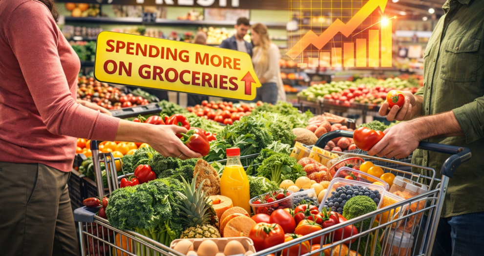 Shoppers selecting fresh groceries in a modern grocery store