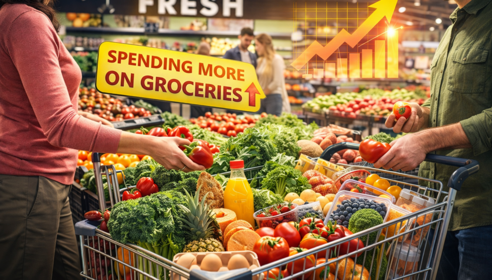 Shoppers selecting fresh groceries in a modern grocery store