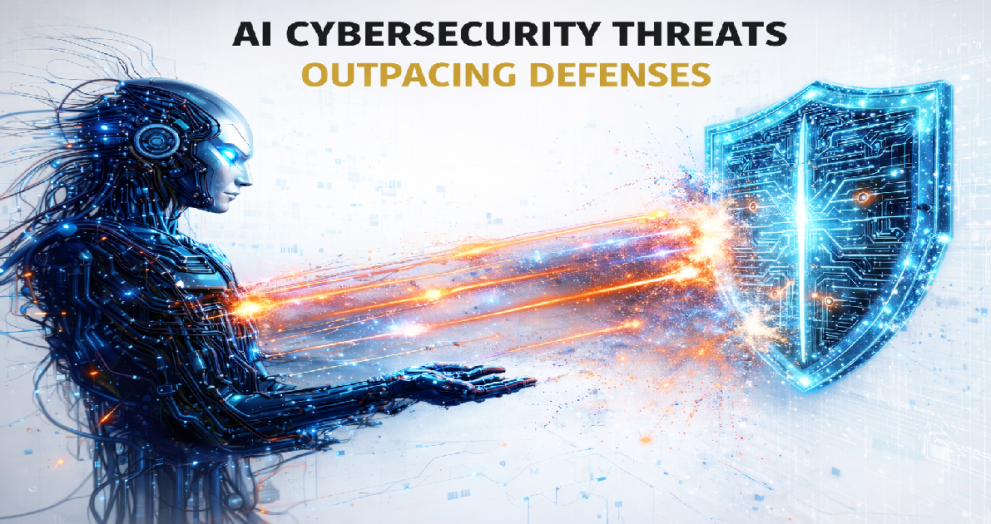 AI cybersecurity threats visualized as autonomous digital attack network