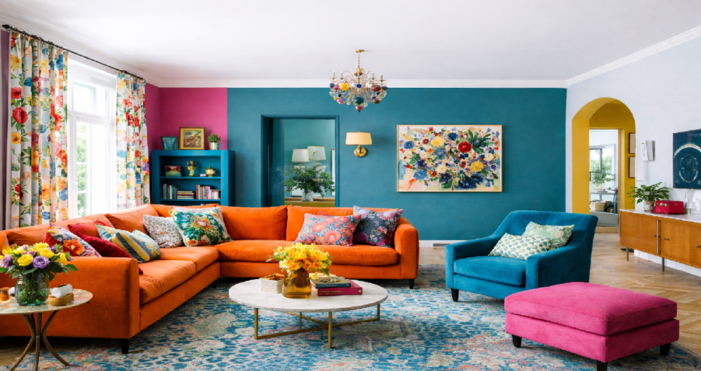 Colorful interior design living room with bold vibrant palette
