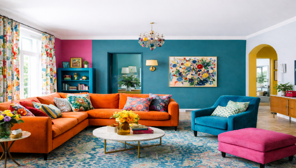 Colorful interior design living room with bold vibrant palette