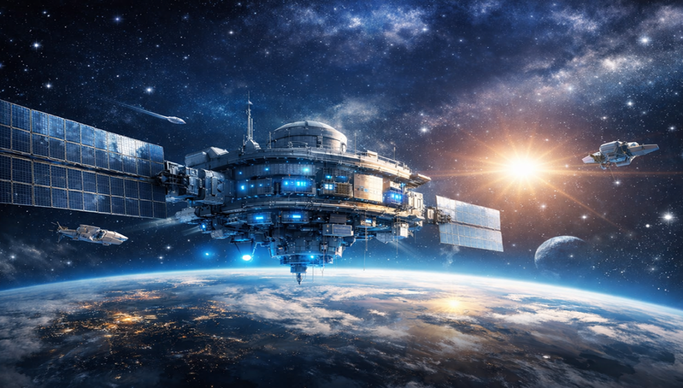 Concept of data centers in space orbiting Earth with solar arrays