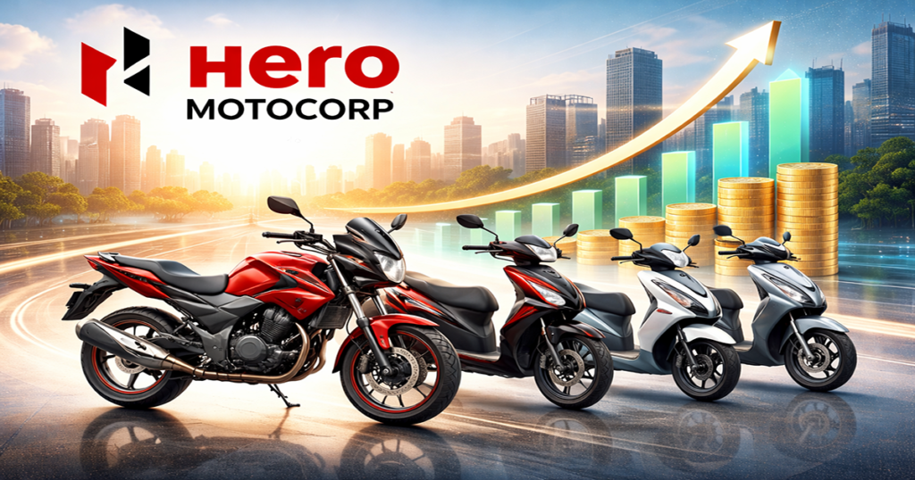 Hero MotoCorp motorcycles and scooters lineup with financial growth backdrop