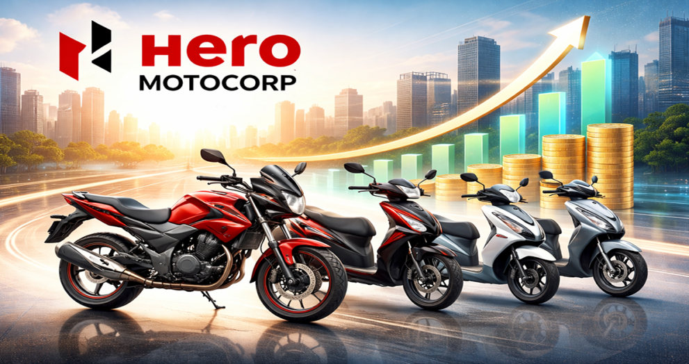 Hero MotoCorp motorcycles and scooters lineup with financial growth backdrop