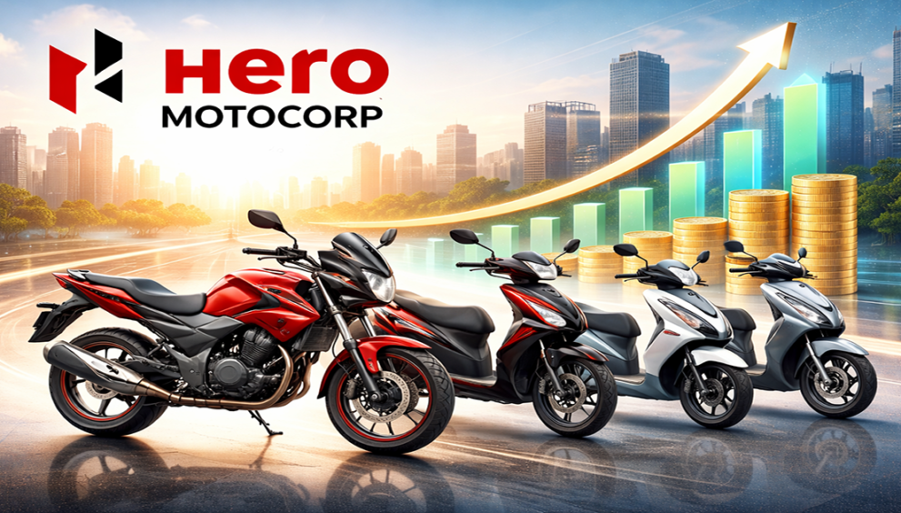 Hero MotoCorp motorcycles and scooters lineup with financial growth backdrop