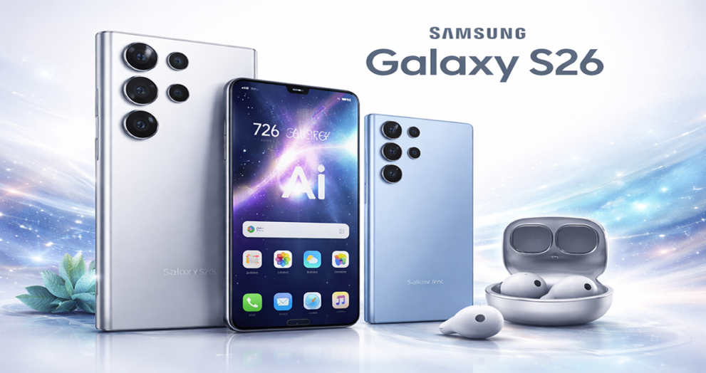 Samsung Galaxy S26 Ultra and S26 Plus with Galaxy Buds 4 Pro on light background