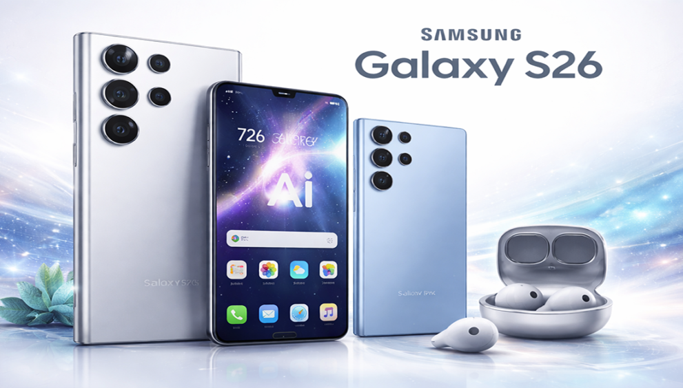 Samsung Galaxy S26 Ultra and S26 Plus with Galaxy Buds 4 Pro on light background