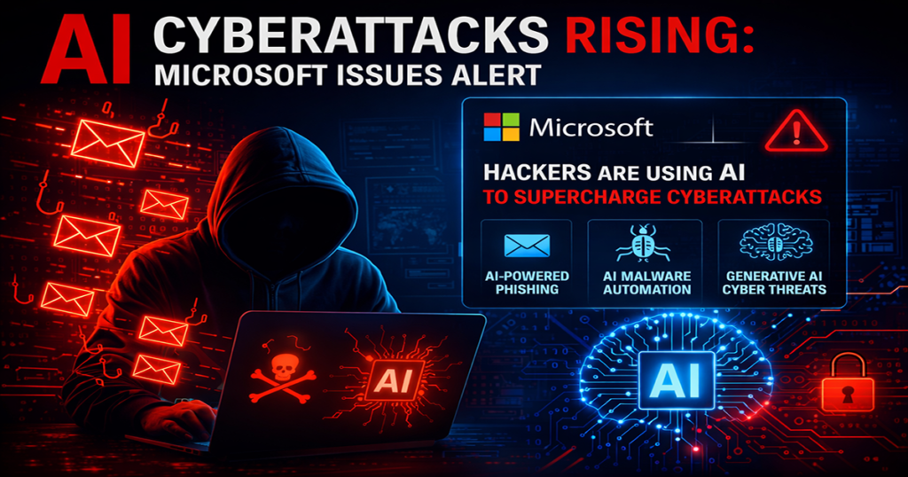 AI cyberattacks concept with hacker and artificial intelligence threats
