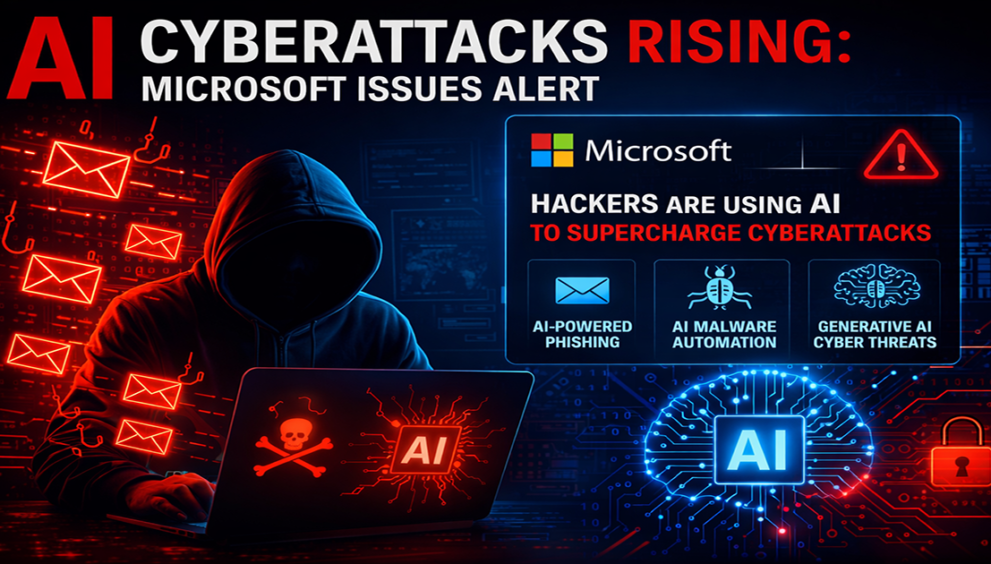AI cyberattacks concept with hacker and artificial intelligence threats