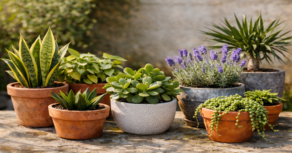 Low maintenance pot plants thriving indoors and outdoors in modern containers