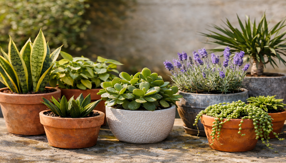 Low maintenance pot plants thriving indoors and outdoors in modern containers