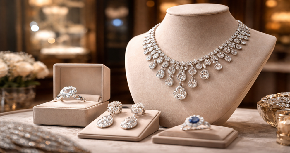 Luxury jewelry diamond rings and high-end jewelry reflecting market growth trends
