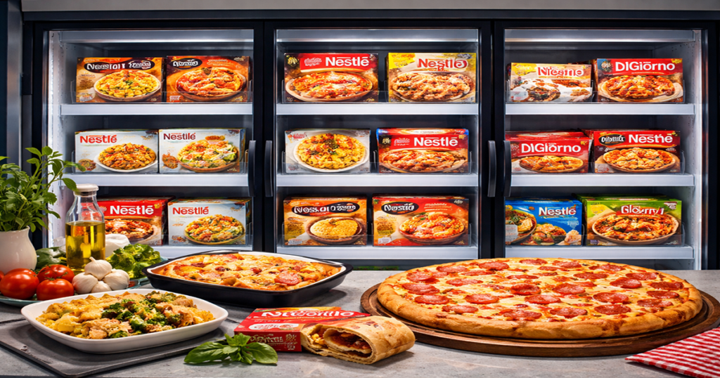 Nestlé frozen foods including pizza and ready meals in retail freezer