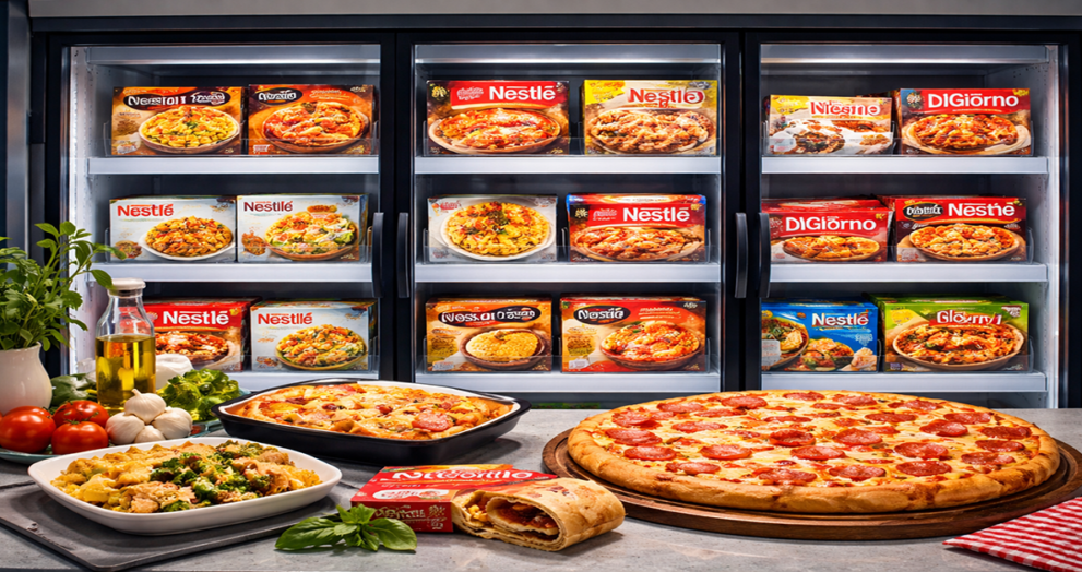 Nestlé frozen foods including pizza and ready meals in retail freezer
