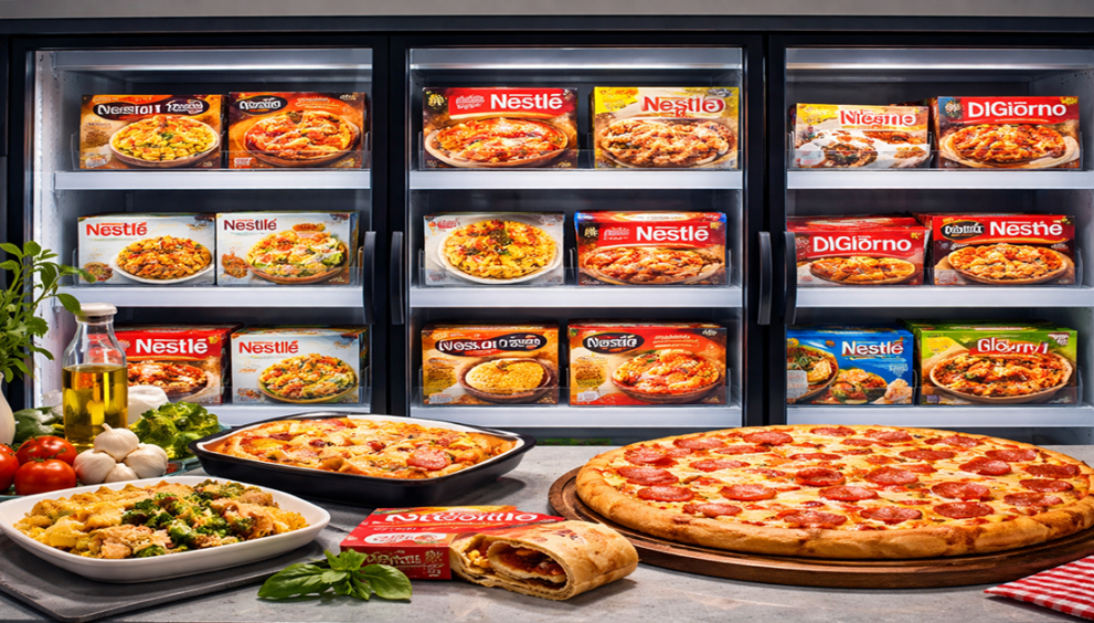 Nestlé frozen foods including pizza and ready meals in retail freezer
