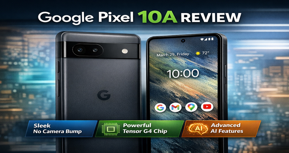 Google Pixel 10A smartphone showcasing flat design and AI-powered camera