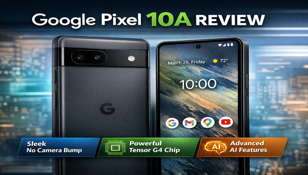 Google Pixel 10A smartphone showcasing flat design and AI-powered camera