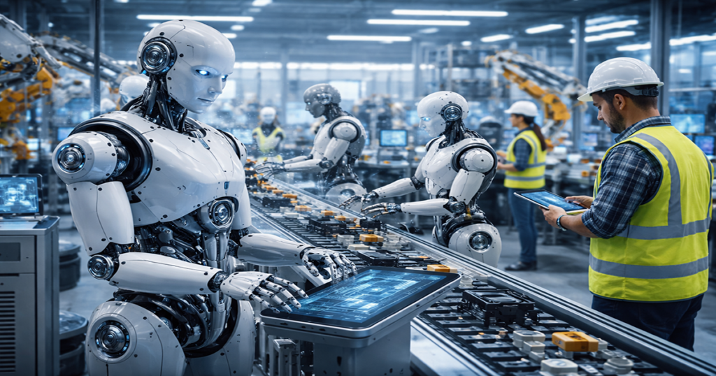 Humanoid robots collaborating with humans in automated workplace