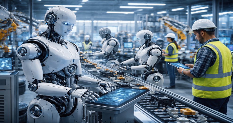 Humanoid robots collaborating with humans in automated workplace