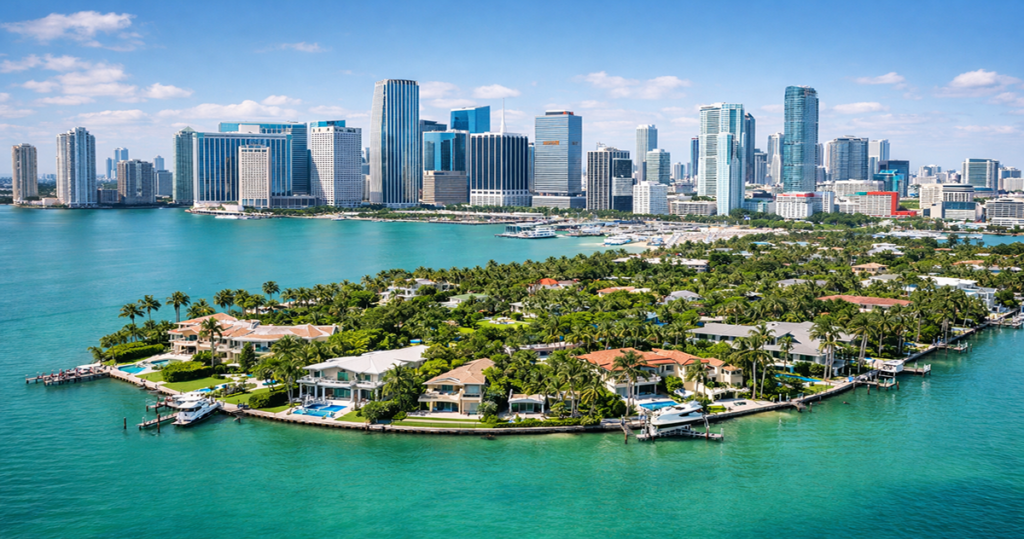 Miami skyline with luxury homes and condos representing Miami home sales trends