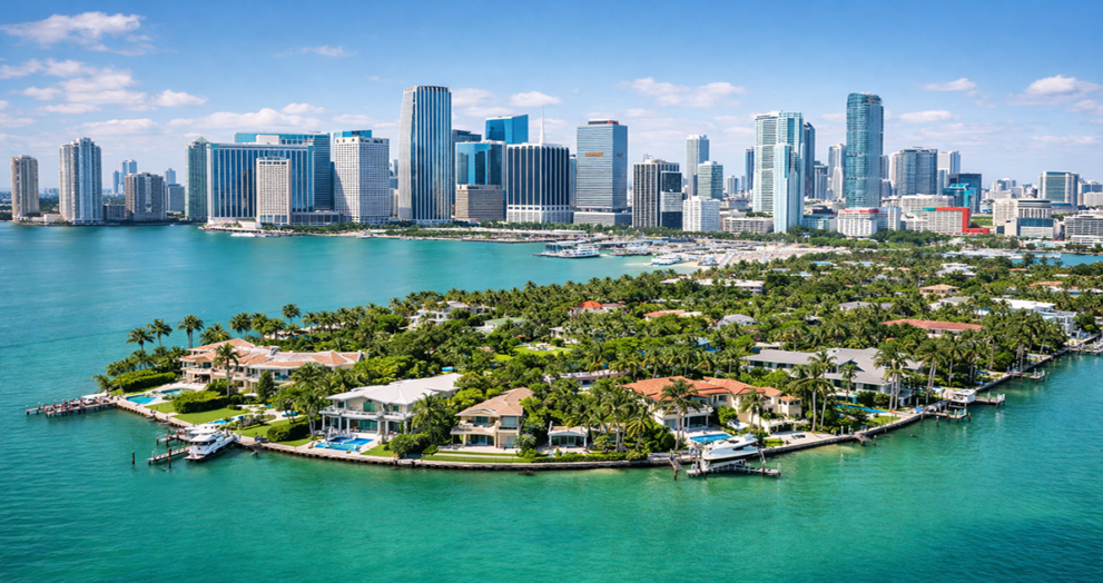 Miami skyline with luxury homes and condos representing Miami home sales trends