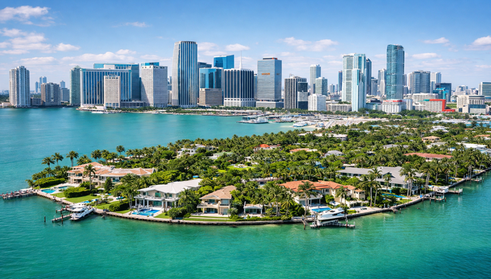 Miami skyline with luxury homes and condos representing Miami home sales trends