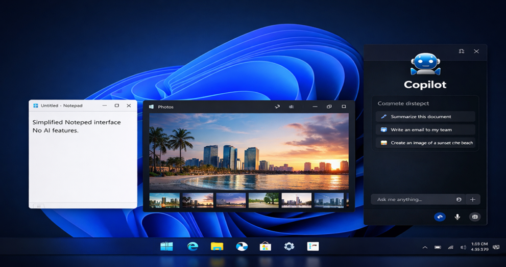 Windows 11 desktop showing Copilot AI interface and app changes