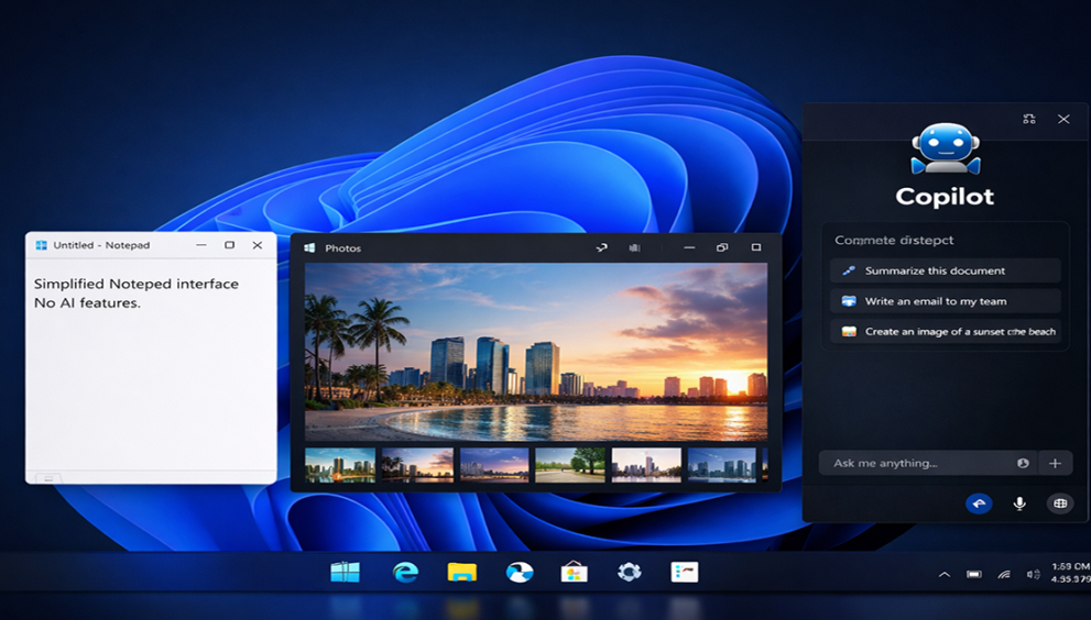 Windows 11 desktop showing Copilot AI interface and app changes