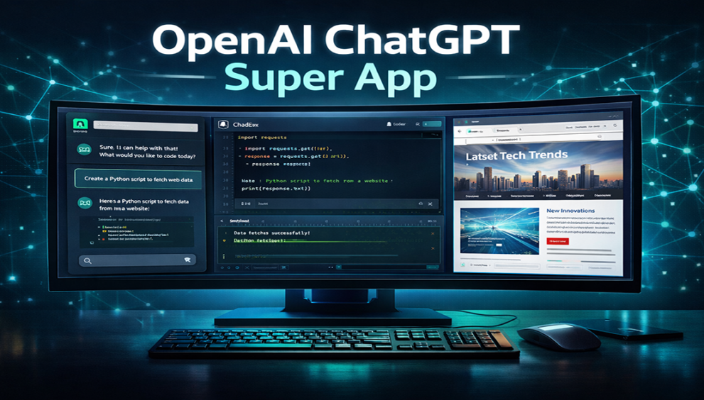 OpenAI ChatGPT Super App desktop interface with coding and browser integration
