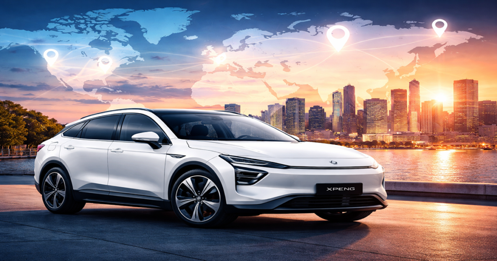 XPeng electric vehicle with global expansion concept and international market growth