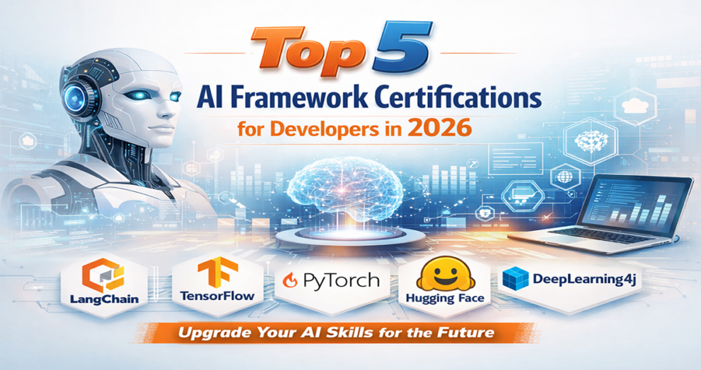 Top AI framework certifications for developers in 2026 including LangChain, TensorFlow, PyTorch, Hugging Face, and DeepLearning4j