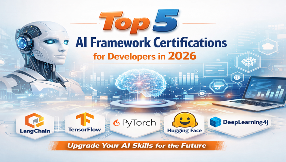 Top AI framework certifications for developers in 2026 including LangChain, TensorFlow, PyTorch, Hugging Face, and DeepLearning4j