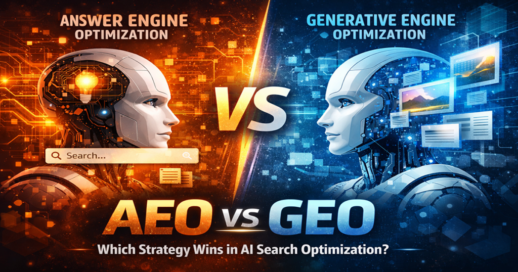 AEO vs GEO comparison showing answer engine optimization and generative engine optimization in AI search