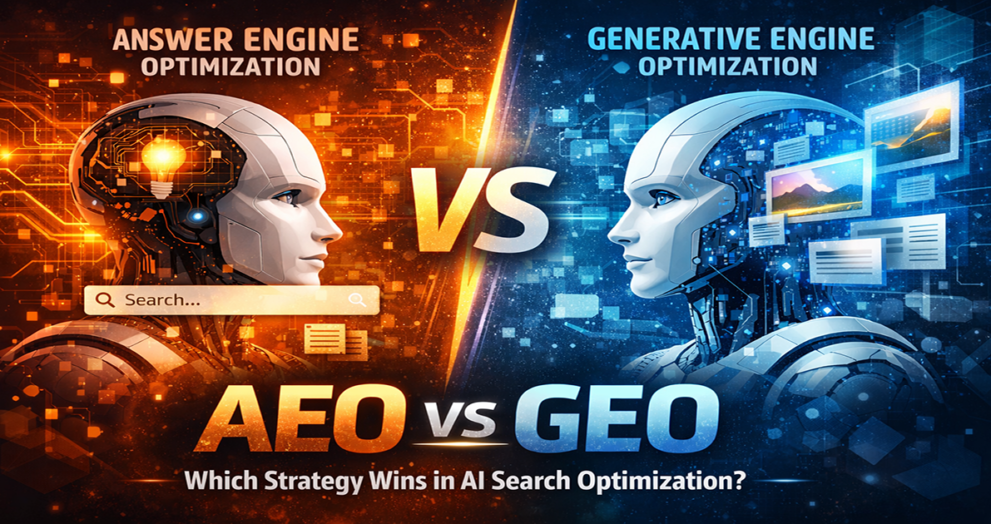 AEO vs GEO comparison showing answer engine optimization and generative engine optimization in AI search