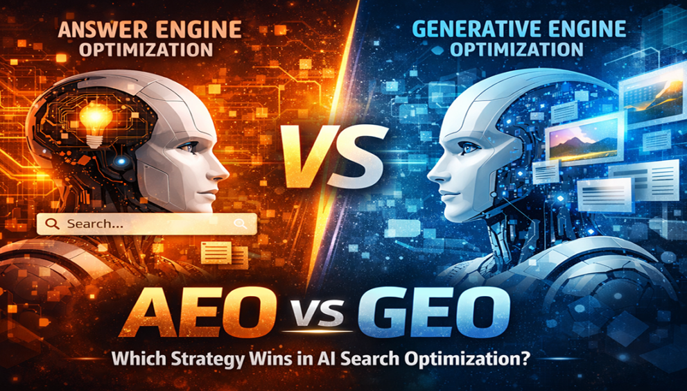 AEO vs GEO comparison showing answer engine optimization and generative engine optimization in AI search
